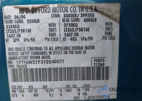 2000 Ford F-250 Lariat/Xl/Xlt из США, поврежденный, VIN 1FTNW21F3YEE40571